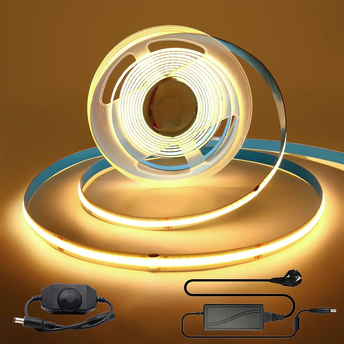 COB LED strip 3m 24V COB LED-strip warm wit 3000K dimbaar lichtketting hoge dichtheid 320 LEDs/M inclusief adapter en dimmer IP20 voor slaapkamer keuken interieur decoratie