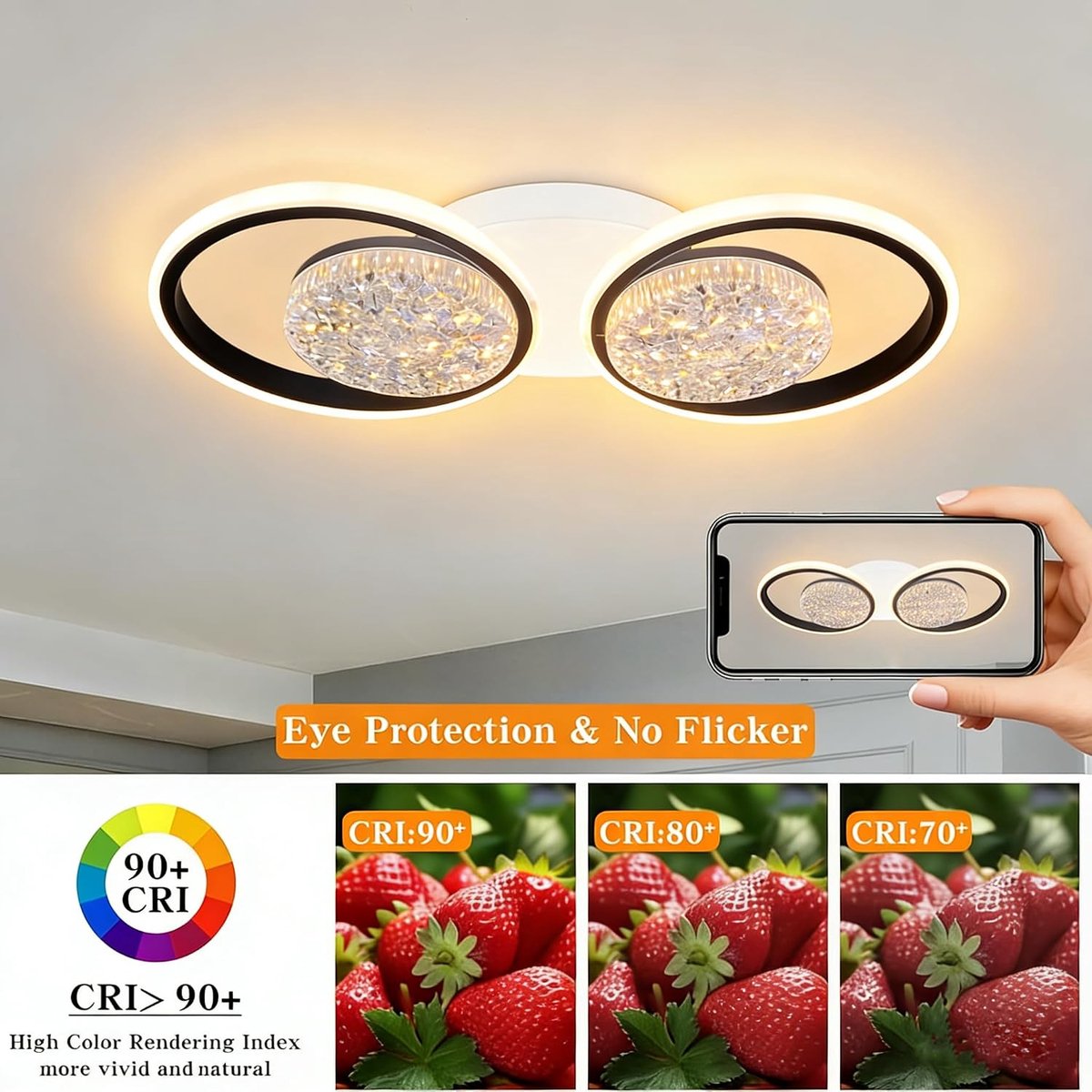 Plafondlamp LED plafondlamp 53cm 48W, 3000K-6500K dimbare plafondlamp woonkamer, ronde woonkamerlamp, zwarte moderne plafondlamp woonkamer 3522LM (R, 2+2)