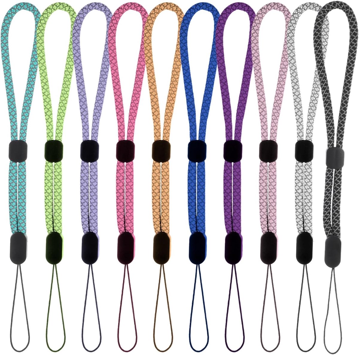 10 stuks polslus, mobiele telefoon, reflecterende verstelbare telefoonband, kort, voor camera, sleutels, USB-stick, Meerkleurig, S