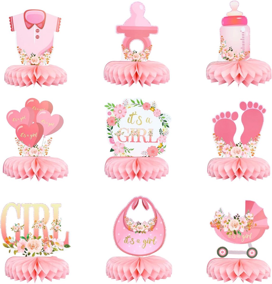 9 stuks roze babyshower decoraties honingraat middenstukken voor meisjes bloemen het is een meisje genderonthulling tafeldecor feestartikelen baby meisje