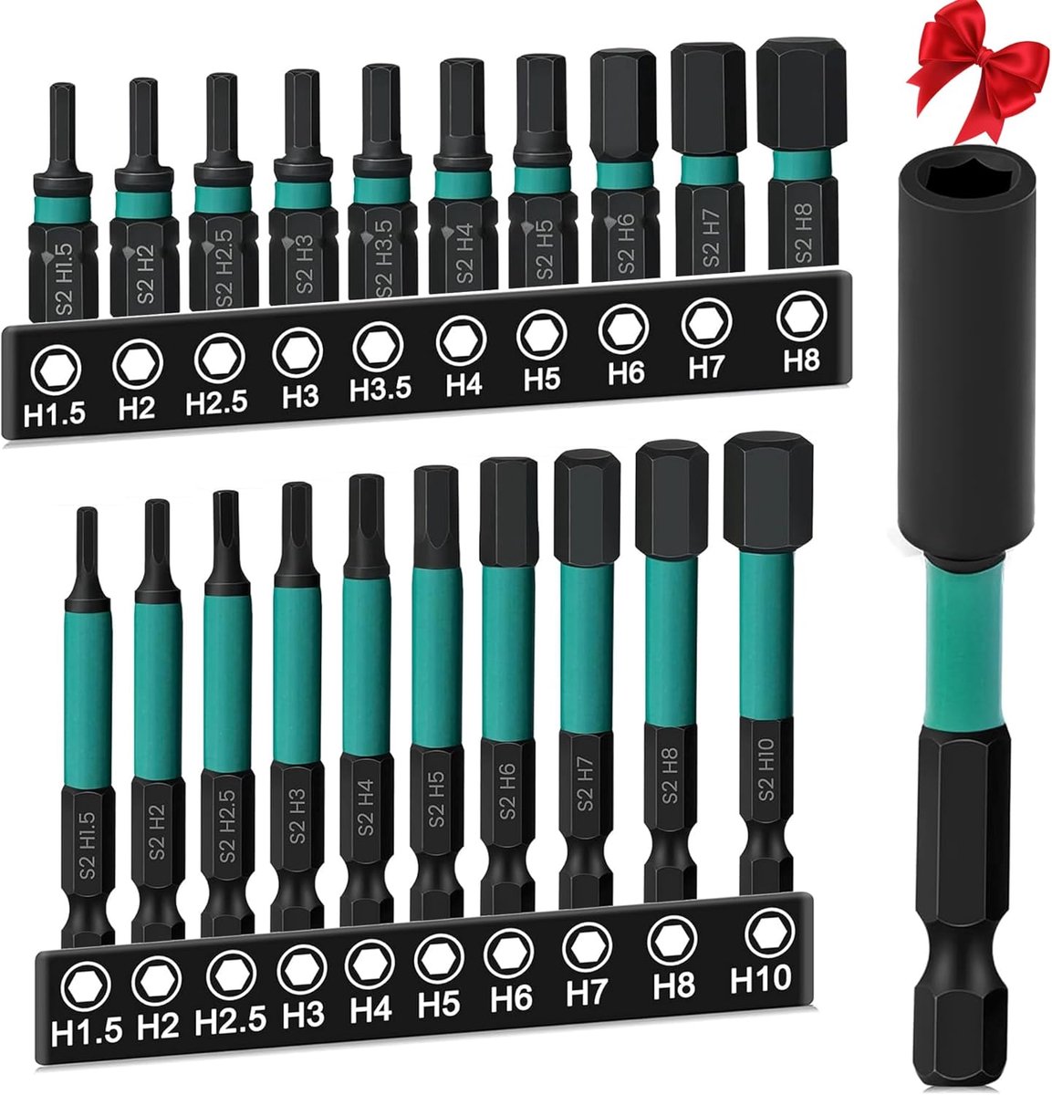 21 stuks Hex schroevendraaierbits: 1/4 inch zeskantschacht lange bitset bitset voor accuschroevendraaier H1,5/H2/H2,5/H3/H3,5/H4/H5/H6/H8/H10