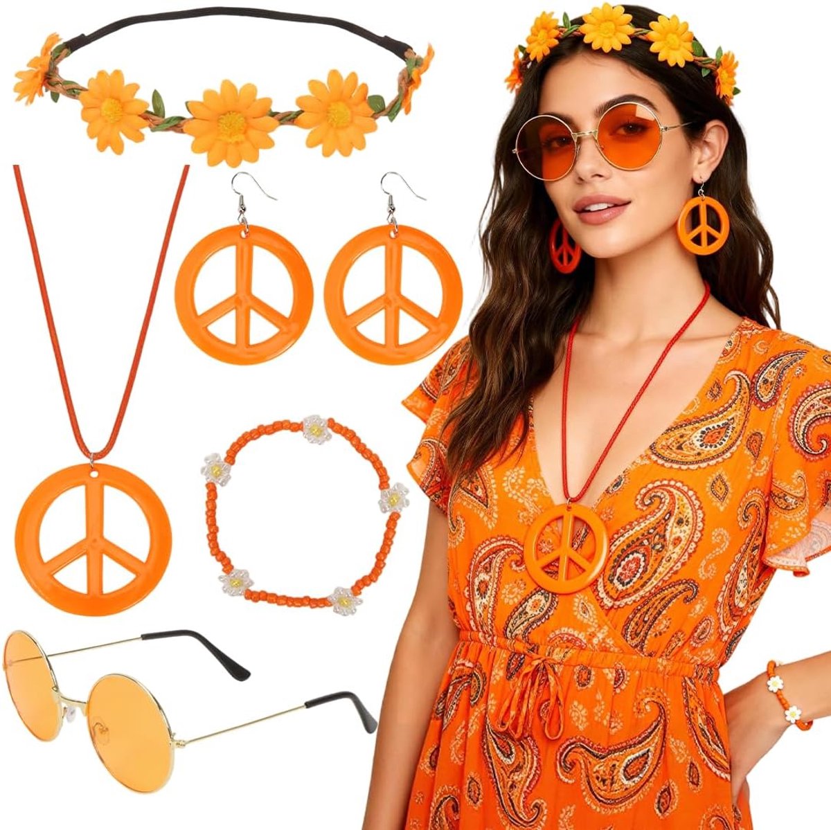 Hippie-accessoireset, hippie-accessoires voor jaren 60, 70, 80, carnaval, party-B