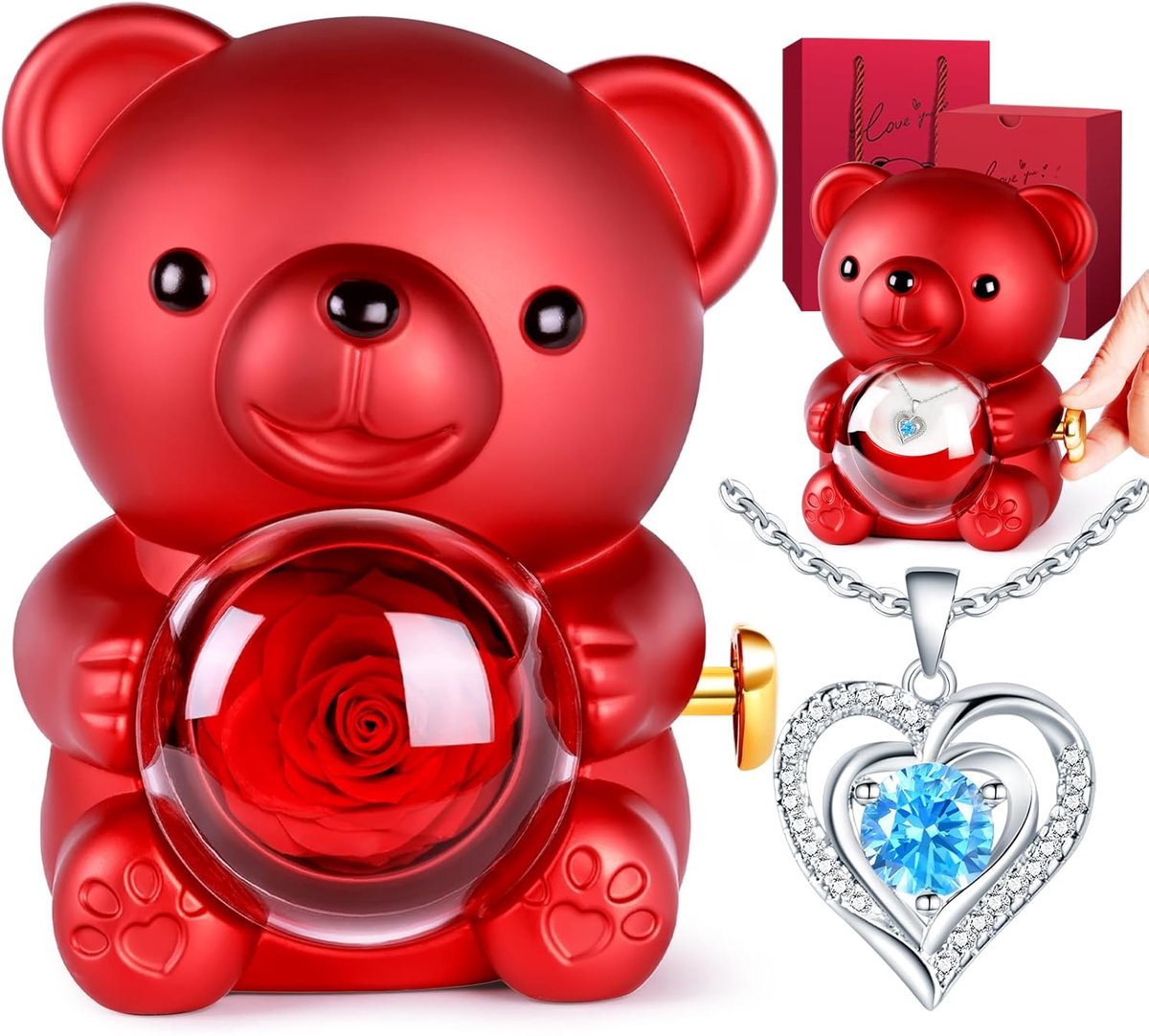 Teddybeer met Eeuwige Roos en Ketting, Rozenbeer Verjaardagscadeaus voor Vriendin of Moeder, Verjaardagscadeau voor Vrouwen, Gepersonaliseerd Valentijnsgeschenk Haar, Moederdag (Rood-LZ)