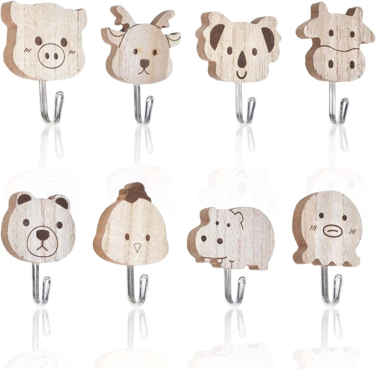 8 stuks wandhaken voor dieren, sterke zelfklevende houten haken, zelfklevende haken in diervorm, creatieve kledinghaken voor badkamer, kinderkamer, keuken, handdoeken, hoeden