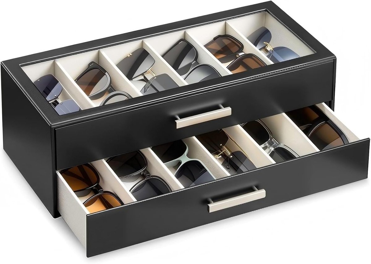 12 Slots Zonnebril Organizer Box, 2 Lagen PU Leer Zonnebril Bril Houder met Doorzichtige Bovenklep Eyewear Bril Display Case Meerdere Paar Glazen voor Mannen Vrouwen - Zwart, Zwart, 12 Slot