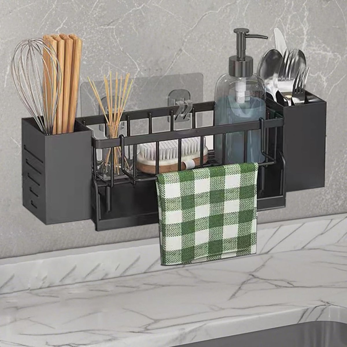 Sponshouder voor gootsteen om op te hangen, gootsteenorganizer met handdoekhouder en opbergdoos, sponshouder voor wastafel met afdruipbak