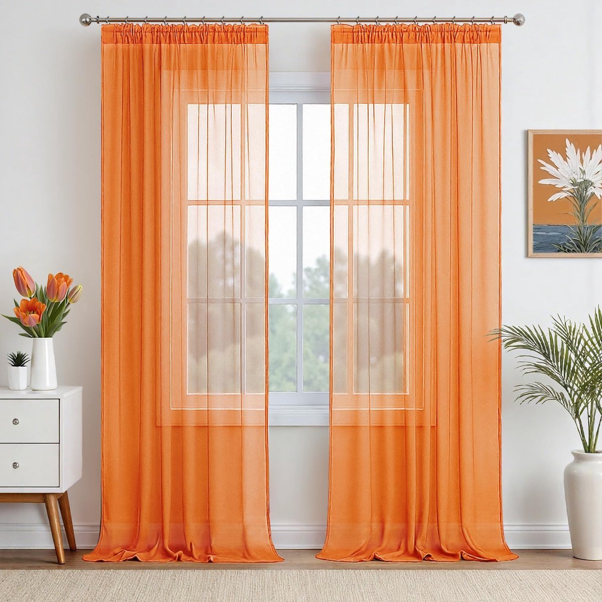 Gordijnen met Rimpelband, 2-delige set, transparant, polyester, met ruches, luchtig, decoratief, voor slaapkamer en woonkamer, 260 x 140 cm (H x B), oranje