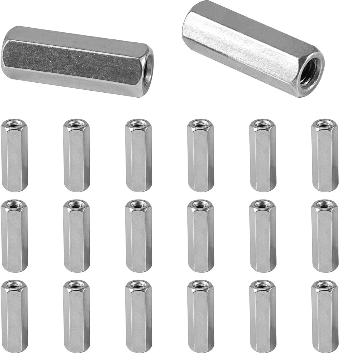 20 stuks M6x30mm lange moer, lange moeren van roestvrij staal, gegalvaniseerde draadmuffs, stalen zeskant verbindingsmoeren, lange zeskantmoeren, zeskant koppelingsmoeren