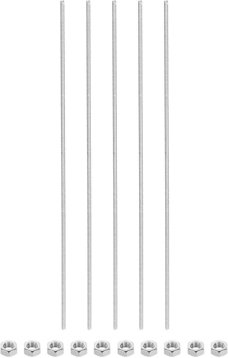 5 stuks draadstangen M3 x 350 mm schroefdraadpennen 10 stuks zeskantmoeren, 1,25 mm schroefdraadhelling 304 roestvrij staal rechtse schroefdraad staafstaven