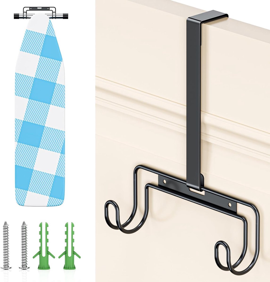 Strijkplank wandhouder, strijkplankhouder om over de deur op te hangen, ruimtebesparende strijkplankhouder, strijkplankhanger voor de Geschikt voor T&Y strijkplanken (Zwart)