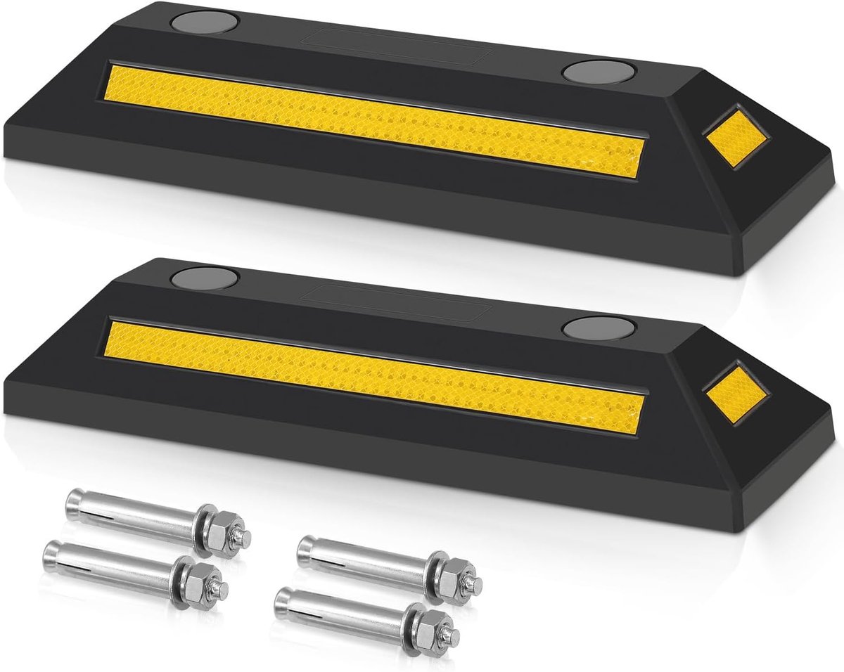 2 rubberen wielstoppers, 54 x 24 x 9,52 cm parkeerhulp, parkeerplaatsen met reflecterende strepen, schroefbare parkeerblokken, geschikt voor garages, parkeergarages, carports en opritten