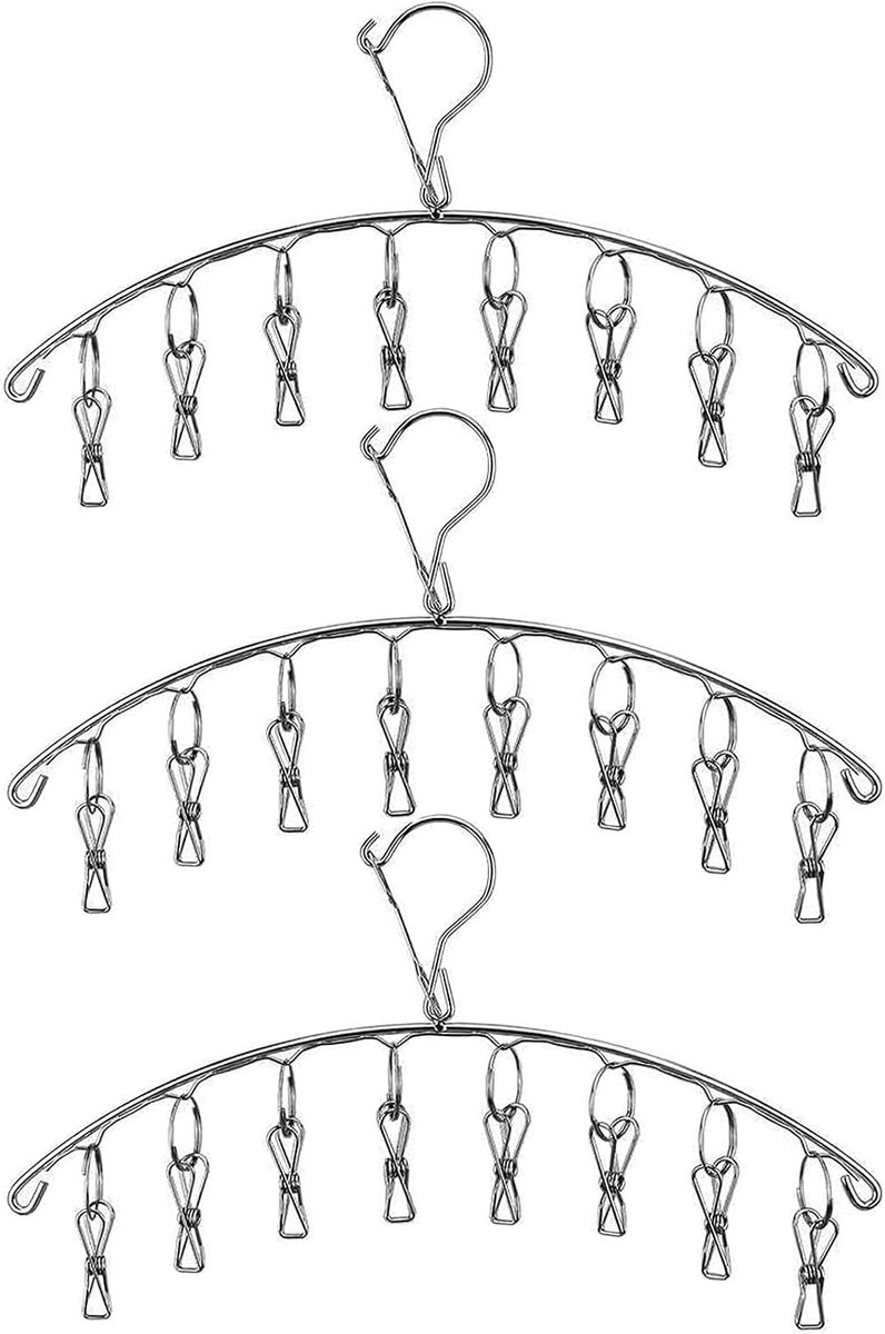 stalen wasdroger met winddichte haak, ondergoedhanger, kleerhanger met 8 clips voor het drogen van sokken, handdoeken, luiers, babykleding, ondergoed (3 stuks)