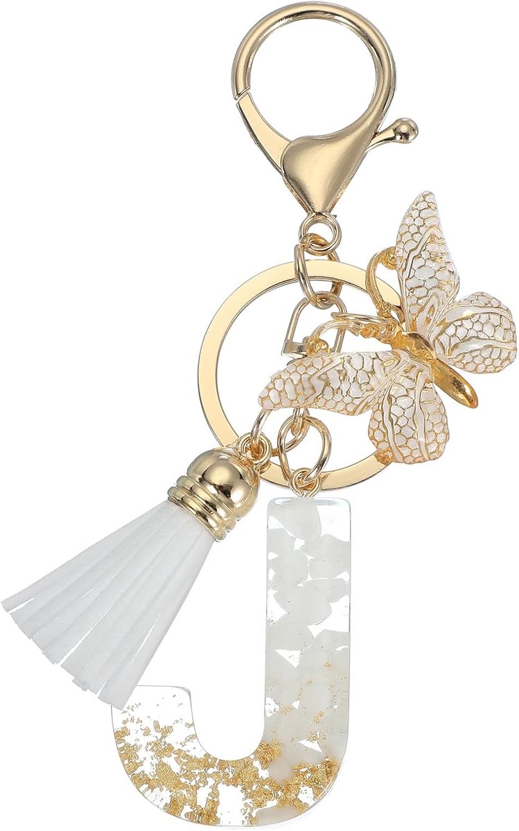 Eerste letters sleutelhanger schattige kwast vlinder sleutelhanger alfabet J hanger voor vrouwen meisjes sleutels portemonnee handtas (goudkleur/wit, 1 stuks)