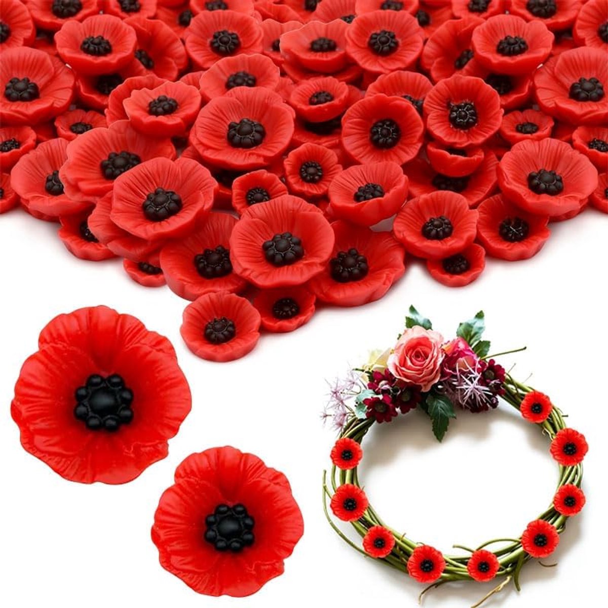 Kunstmatige rode klaprozen, 40 kopjes klaprozen van hars, kunstmatige klaprozen zonder stengel voor Memorial Day Tuin- en huisdecoratie (2 maten)