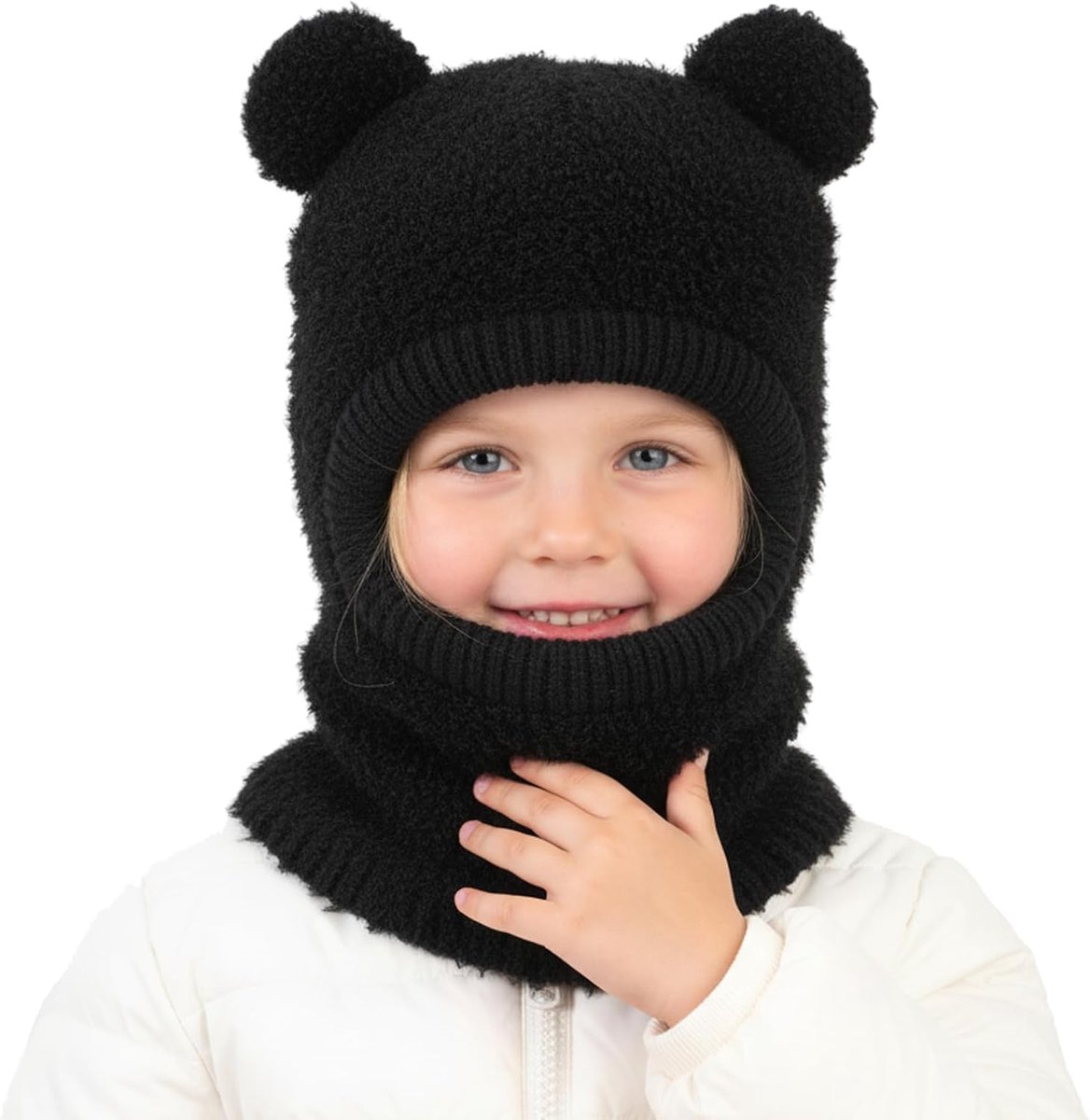 Wintermuts voor kinderen van 4 tot 8 jaar, warme gebreide muts met pompon, thermische winddichte mutsen voor peuters, jongens en meisjes, met fleece gevoerd masker