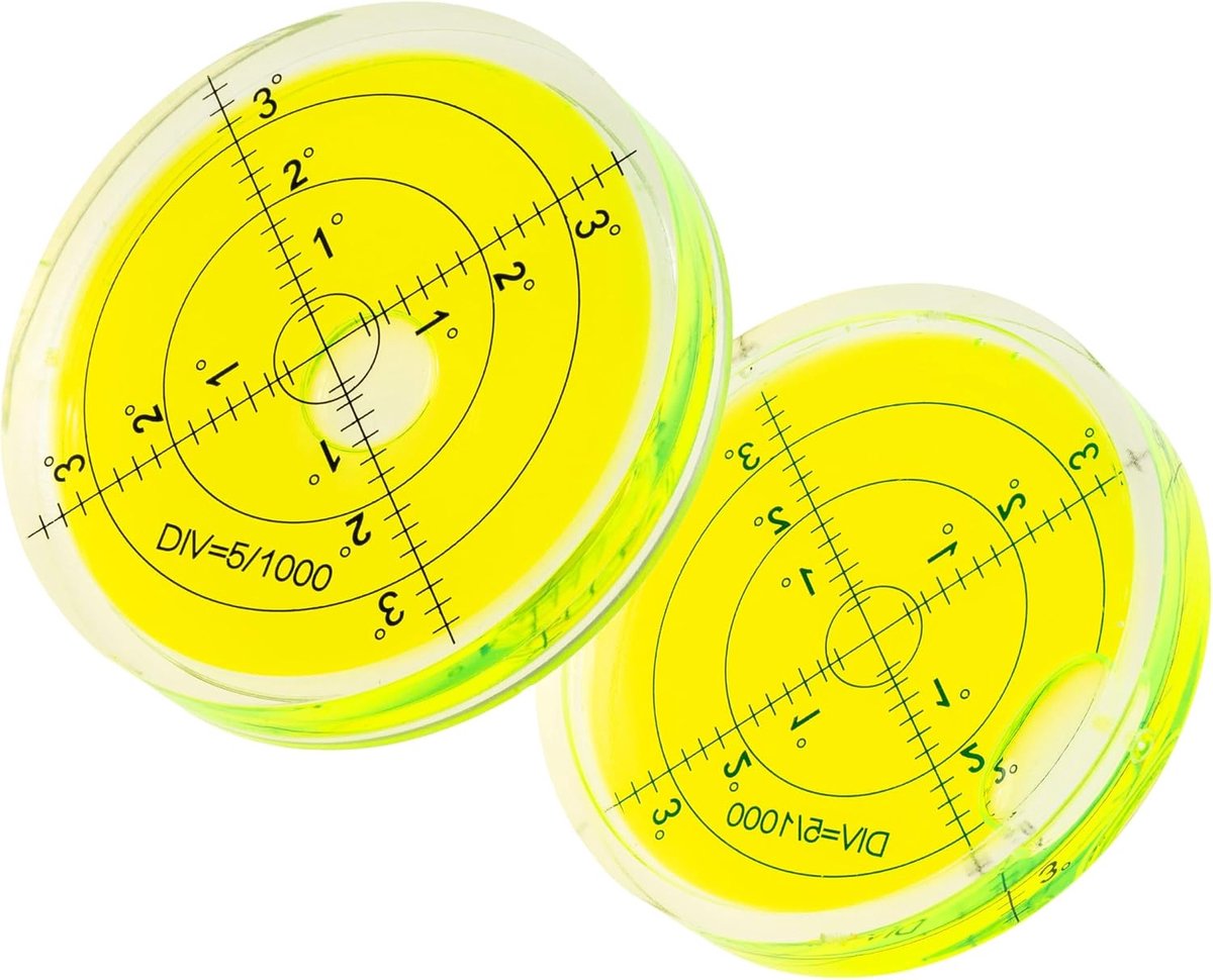 libellenset, 2 stuks, met een diameter van 66 mm, waterpas met belettering, waterpas met waterschaal, cirkel nivellering, blikniveau voor caravan, camera, doe-het-zelvers, Spirit Level