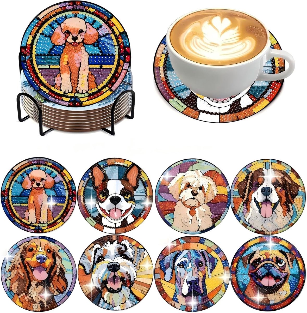 8 stuks Diamond Painting onderzetters met houder, doe-het-zelf diamantschilderset voor volwassenen en kinderen, ronde mandala- en hondenmotieven