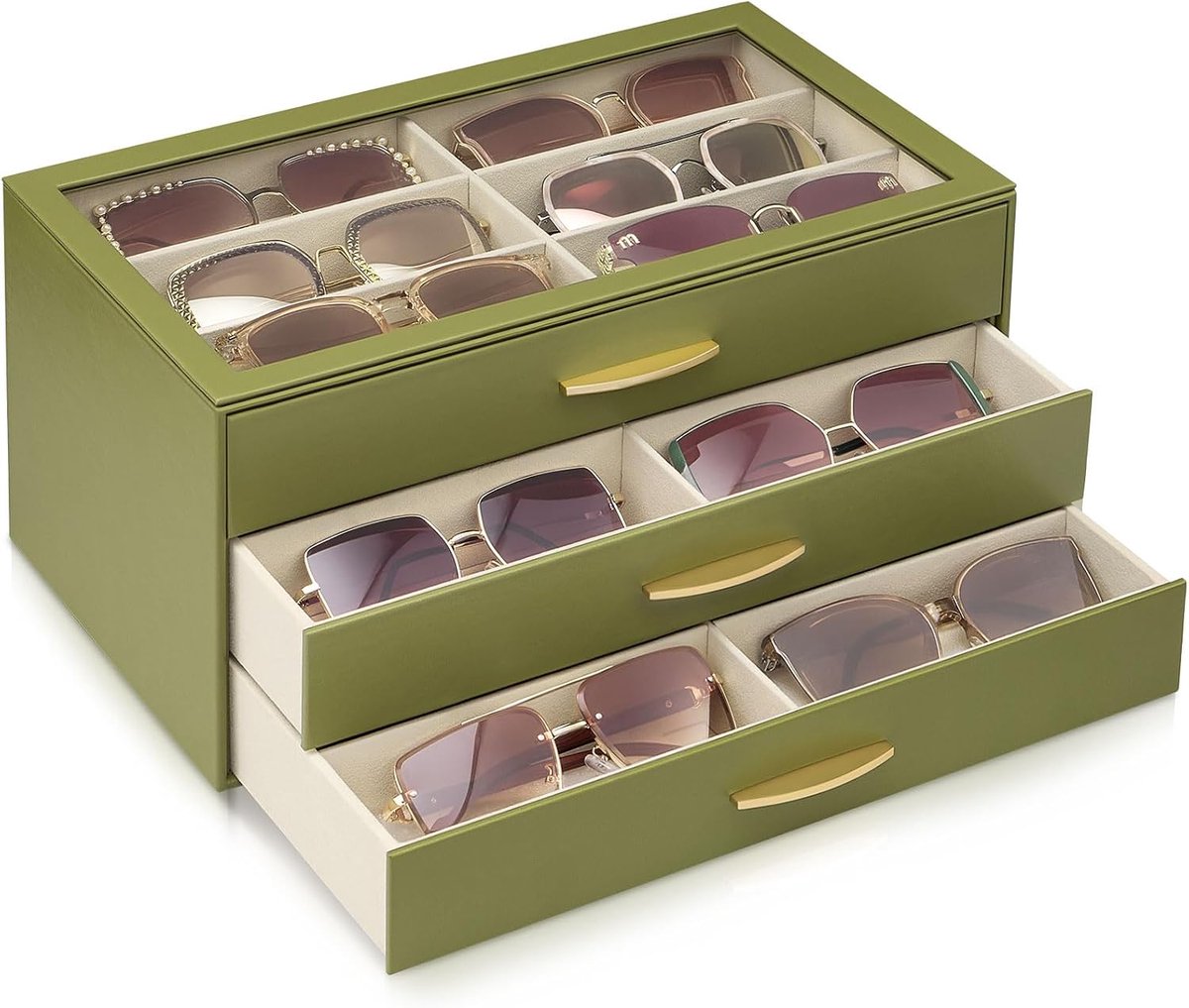 Zonnebrilhouder voor dames, 18 paar, elegante 3-traps brillenkoker van PU met deksel, groen