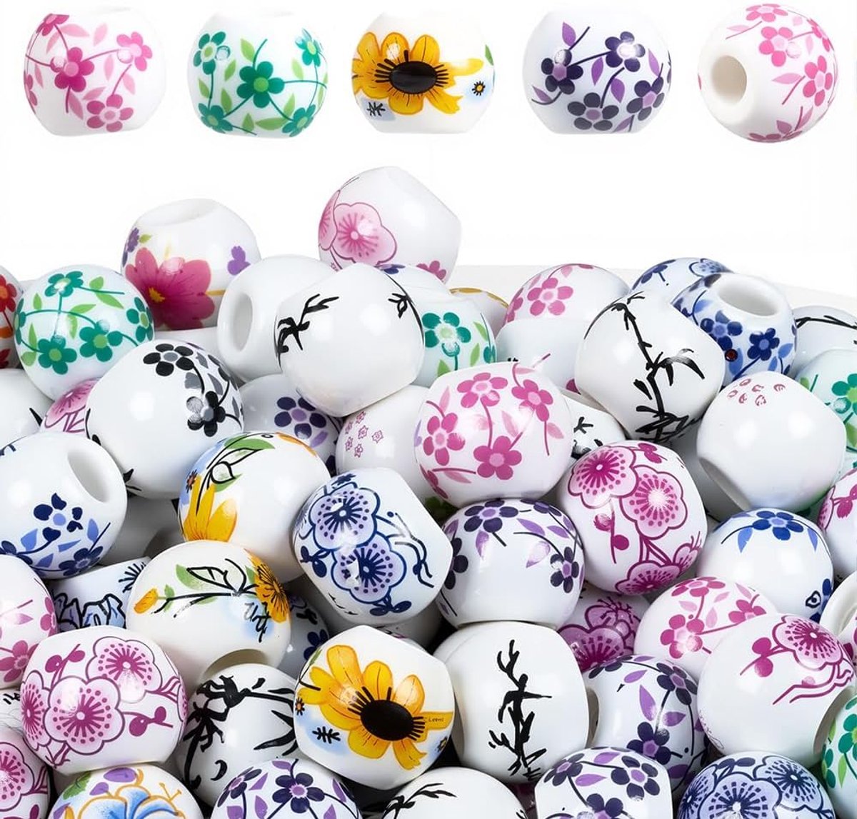 1 Doos 180PCS 8MM Gekleurde Chinese Porselein Kralen Groot Gat Bloem Gedrukt Ronde Florale Keramische Bloemen Vintage Losse Spacer Bead voor Sieraden maken armbanden kettingen Diy Craft Sup