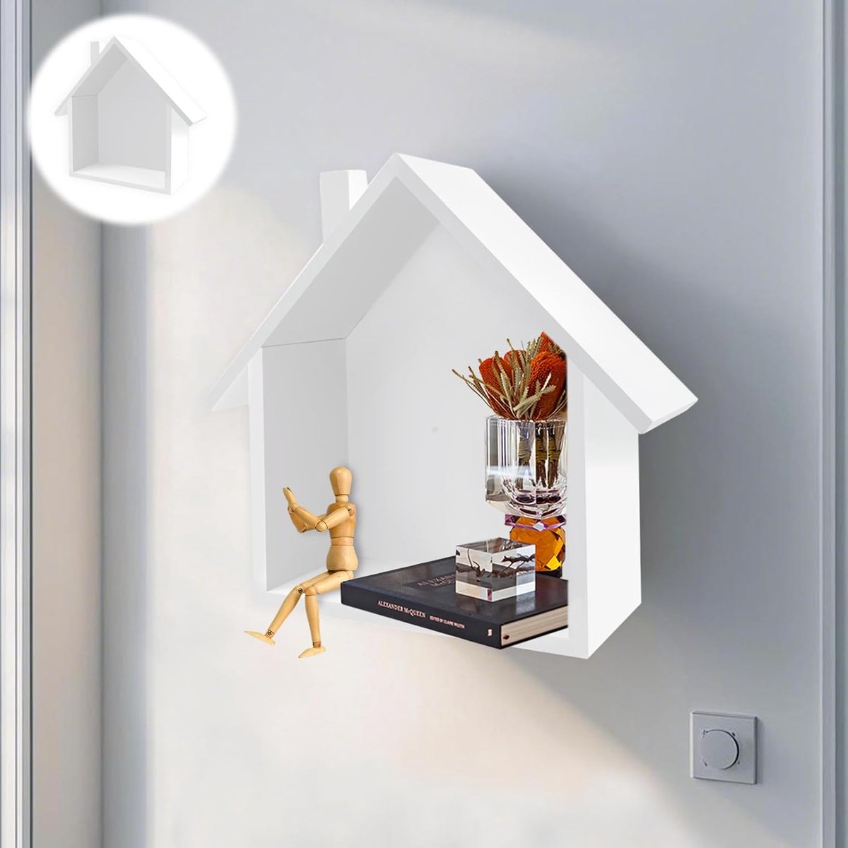 Houten huis plank kabouterhuis houten huis decoratie nostalgische muur decoratie plank vitrine met klein houten huis houten frame huis minimalistisch voor woonkamer, kantoor (wit)