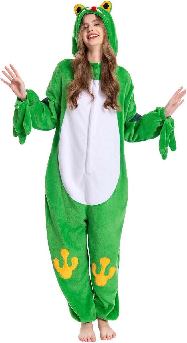 Onesies voor Volwassenen Unisex Nieuwigheid Pyjama Kostuum voor Halloween Zachte Comfortabele Thuiskleding Nachtkleding Eendelig Slipjamas Cosplay Loungewear (S, Kikker)