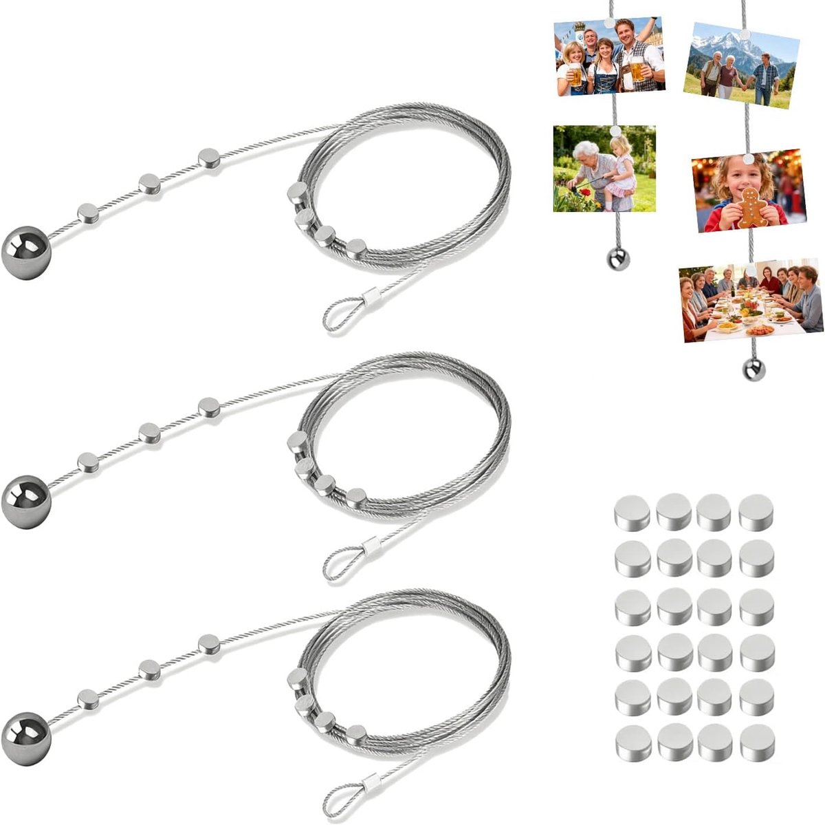 3 x 2 m x 1,5 mm fotodraad touw van verzinkt staal, fotolijn met klemmen om foto's op te hangen, plafondophanging voor foto's, ansichtkaarten, slingers, zilver