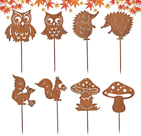 Decoratieve tuinpen van metaal, herfst, 8 stuks, Thanksgiving, roestig, tuinsteken, herfstdecoratie, egelvorm, uil, eekhoorn, paddenstoelen, buiten, balkon (A)