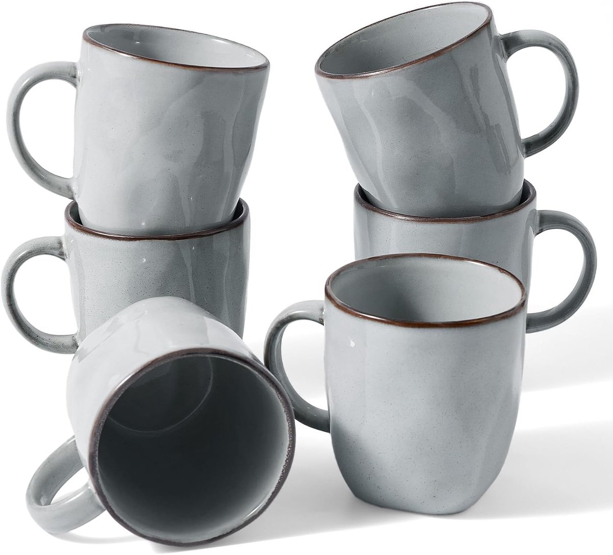 Ocean 6 keramieken koffiekopjes, 385 ml met handvat, grijs | Kopjes met handvat, keramieken mokken voor de keuken, veilig voor vaatwasser en magnetron, voor cacao/melk/thee