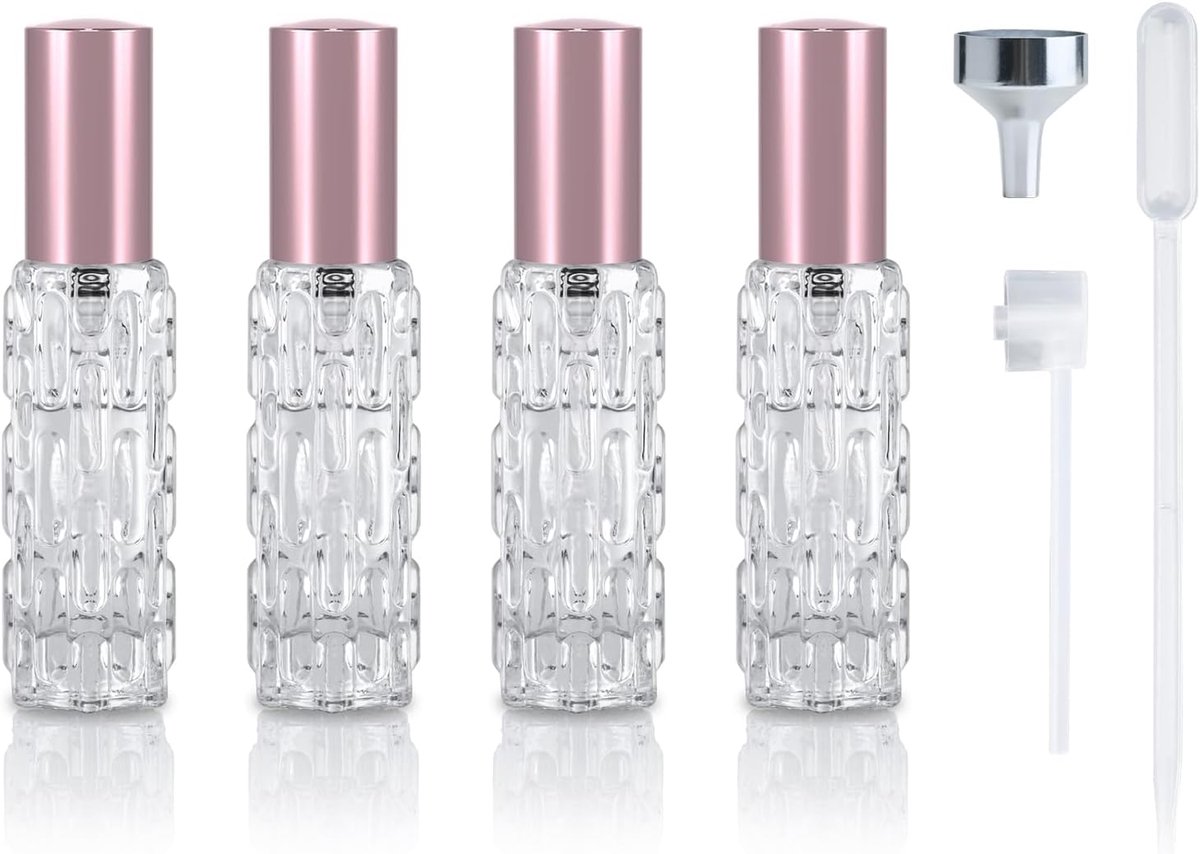 4 Stuks Reis Parfum Verstuiver Navulbaar 10ml, Glazen Parfum Fles, Draagbare Spuitfles Parfum, Perfume Travel Bottle, Mini Geurverstuiver voor Handtas & Broekzak (Roségoud)