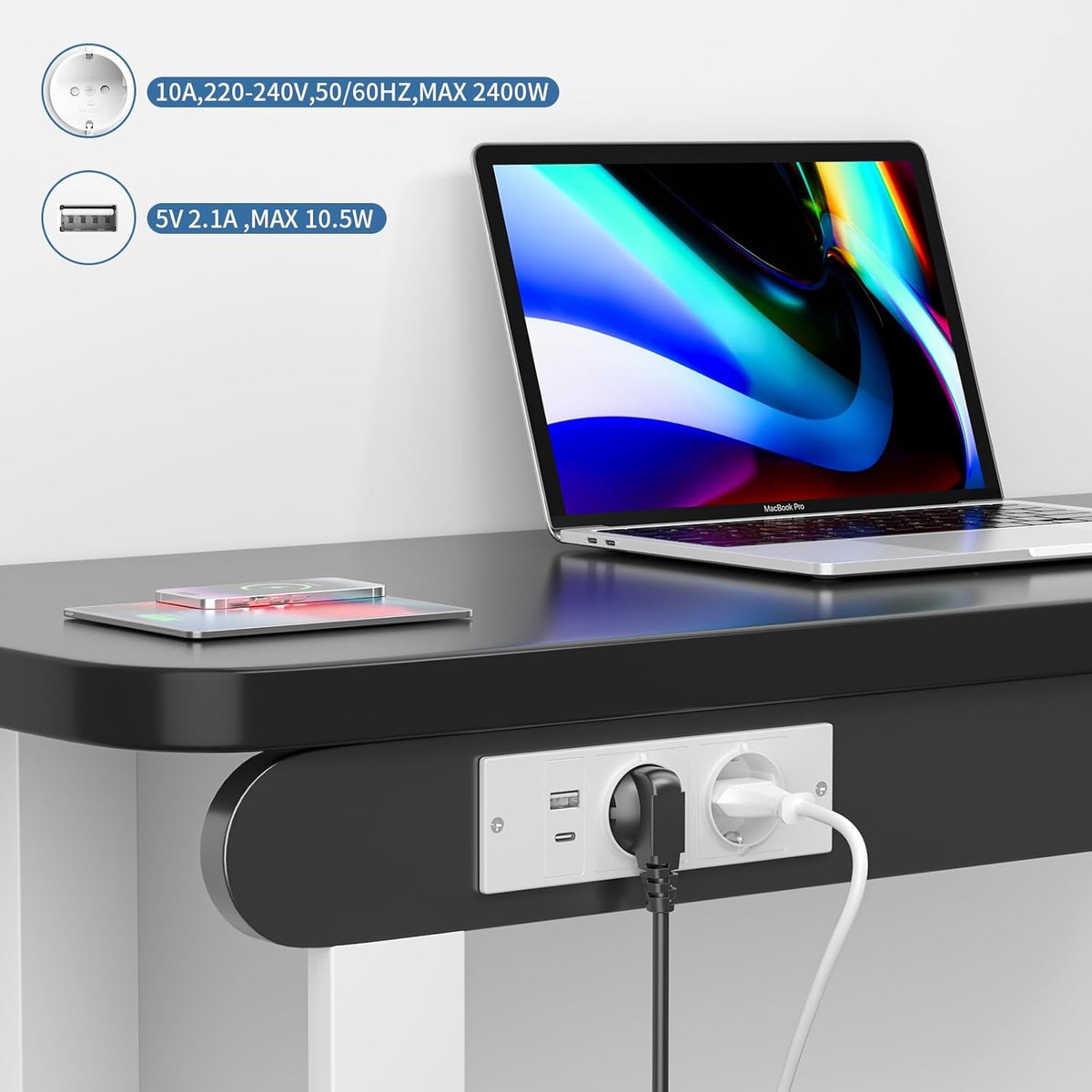 SnelShoppen - 2-voudig intrekbaar stopcontact met USB C, inbouwstopcontact met overspanningsbeveiliging, stekkerdoos met 1,5 m kabel, wit voor keuken
