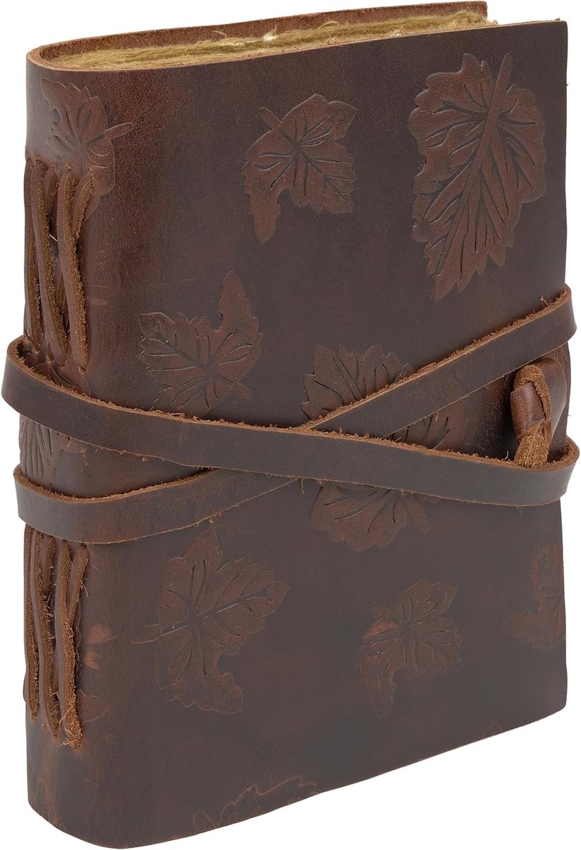 Reisnotitieboek van bruin vintage leer met decoratie van stalen bladeren, katoenpapier, elegant vintage notitieboek, 21 x 16 cm, dagboeken voor het schrijven van notities