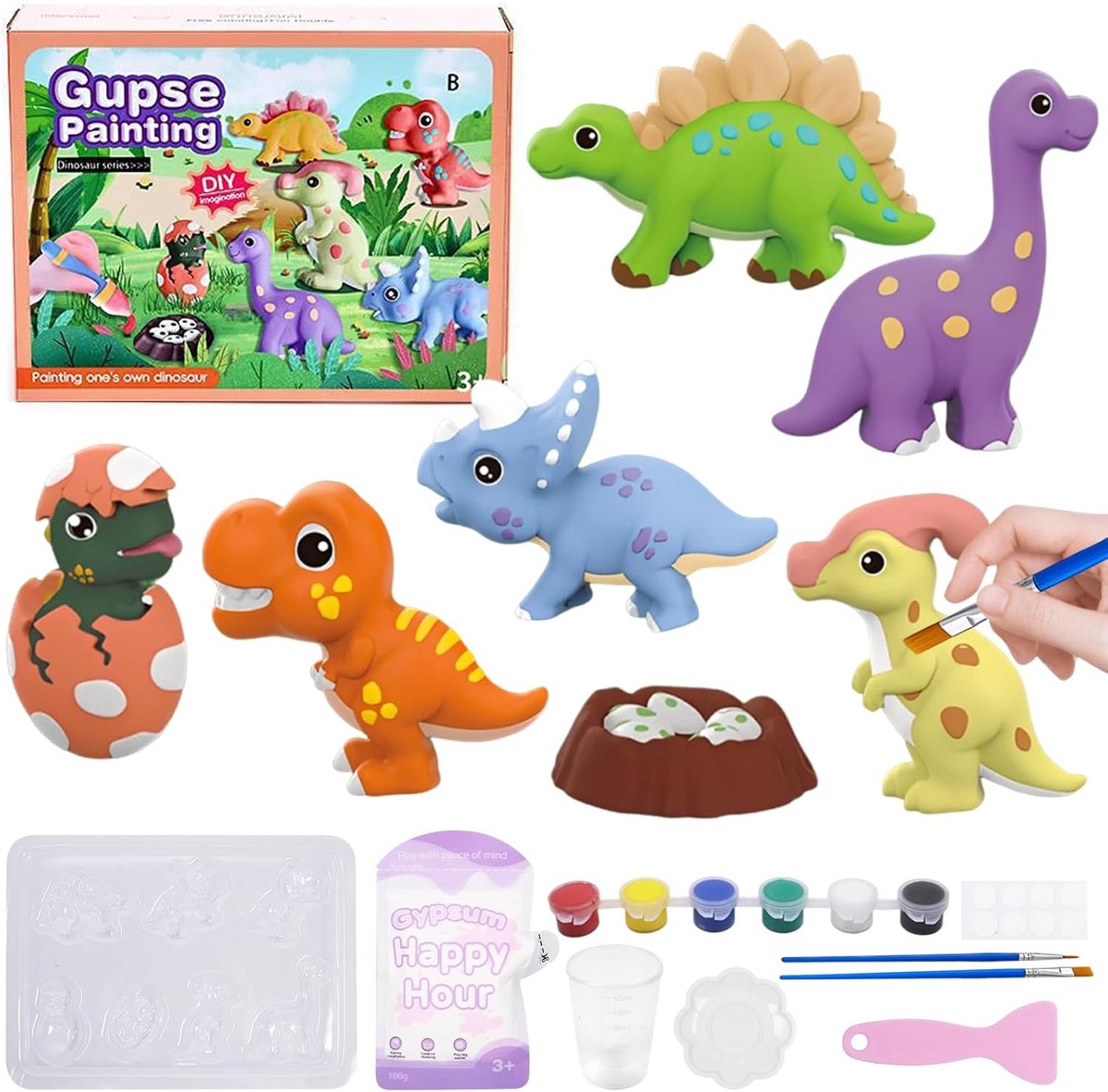 7 stuks dinosaurus gips figuren voor kinderen - knutselset - gips figuren om te gieten en te beschilderen - knutselset - gips figuren voor kinderen en jongens - cadeau
