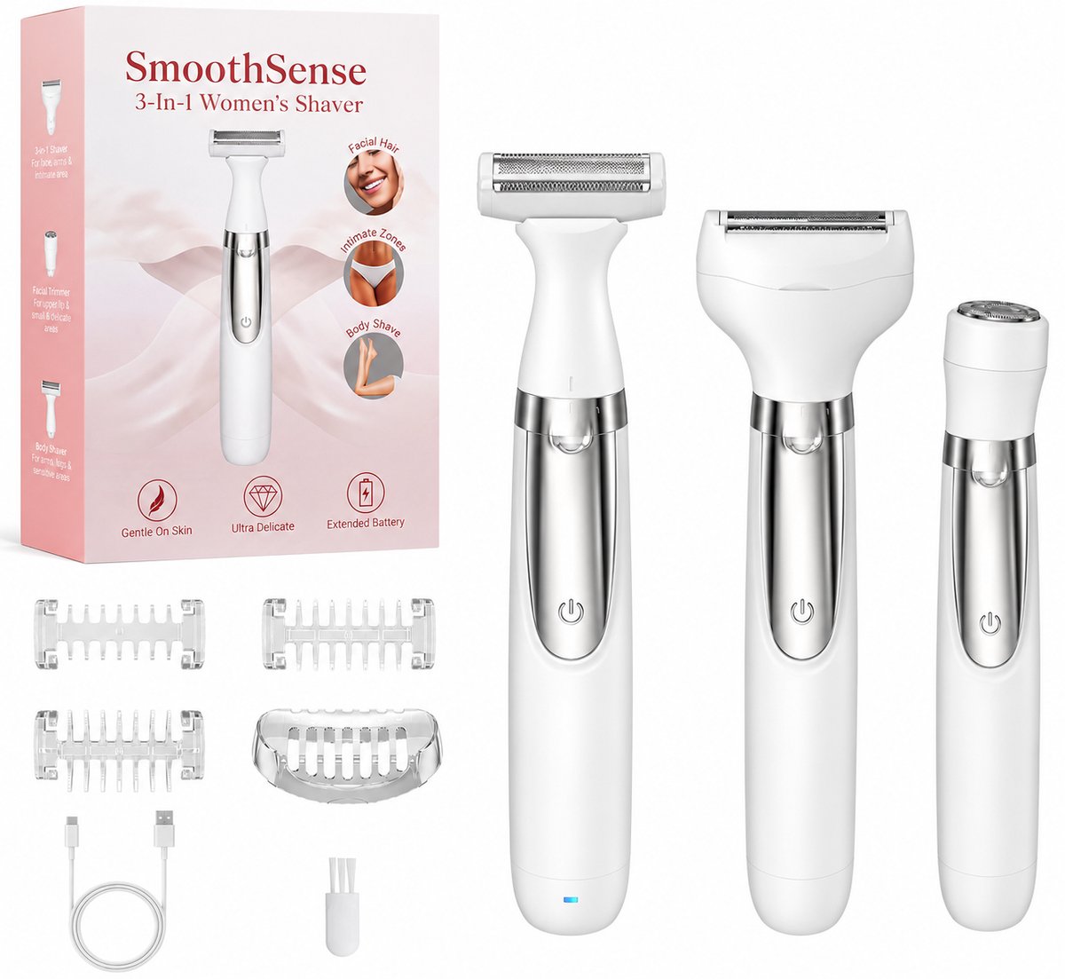Dames Scheerapparaat 3-in-1 Draadloos - Bodytrimmer Bikini Gezicht Waterdicht IPX5 - Ontharing met 3 Opzetkammen Wit