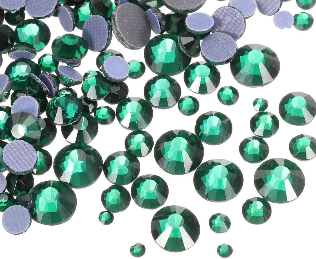 Hotfix strass-steentjes, platte rugglasstenen met doorzichtige opbergzak, nageldesignset voor knutselen, kleding, doe-het-zelfdecoratie, 5 maten, SS6-SS20, set, donkergroen, 400 stuks