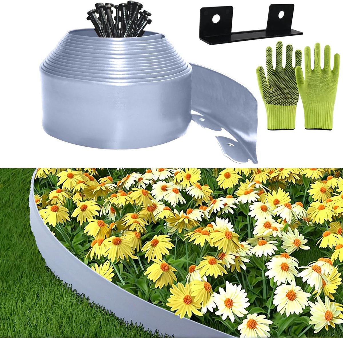 Gazonrand van kunststof, tuinhek voor buiten, 10 cm x 10 m, inclusief 30 verankeringspunten en 1 connector, met een paar handschoenen, decoratieve omheining voor de tuin (zilver, 10 cm x 10 m)