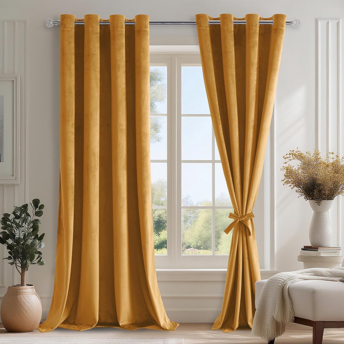 Mosterdgele fluwelen gordijnen met ringen, 2-delige set H245xB140cm, ondoorzichtige fluwelen gordijnen met gordijnknopen voor slaapkamer, zachte verduistering Velvet Curtains Dikke thermogordijn
