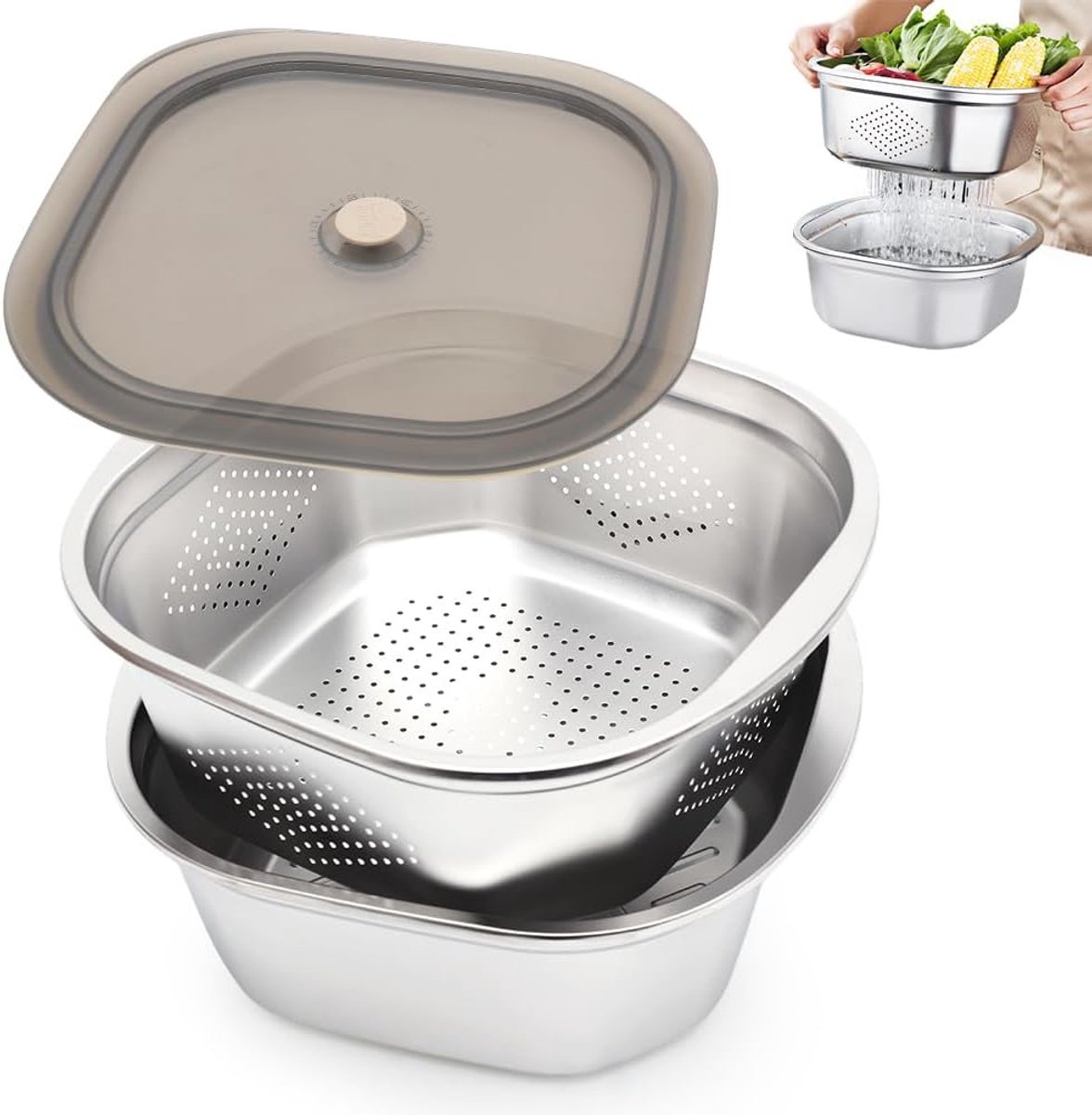 Pastazeef van roestvrij staal, keukenzeef met roestvrijstalen kommen en deksel, waskom voor rijst, zeefset voor spaghetti, groenten, fruit, salade, 4600 ml, Ø 28 cm