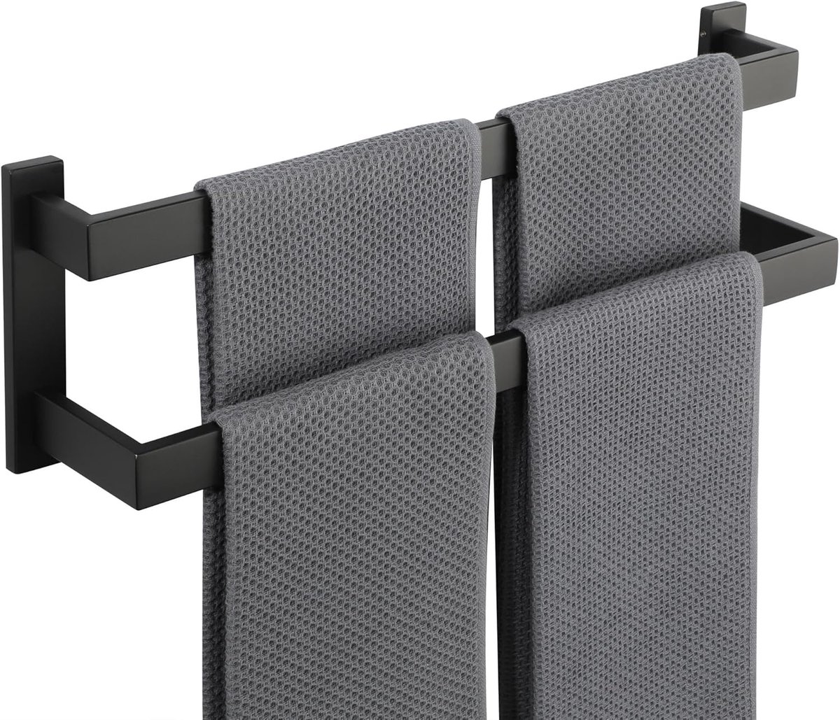 Handdoekrails Dubbele Handdoekhouder Wandmontage 50 CM Handdoekstang voor Badkamer Keuken, SUS304 Roestvrij Staal Mat Zwart, EGOY2500-B