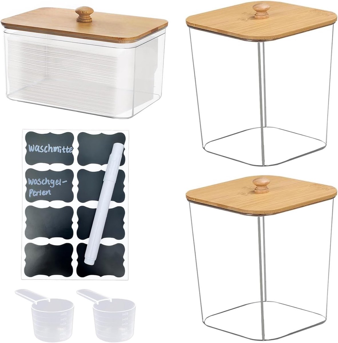 Opslag voor wasmiddel, 3 stuks wasmiddelpods houder, wasmiddelbox met bamboedeksel, met blanco etiket geleverd, transparante wasmiddeldoos, voor waspods, badbommen, geurversterkers