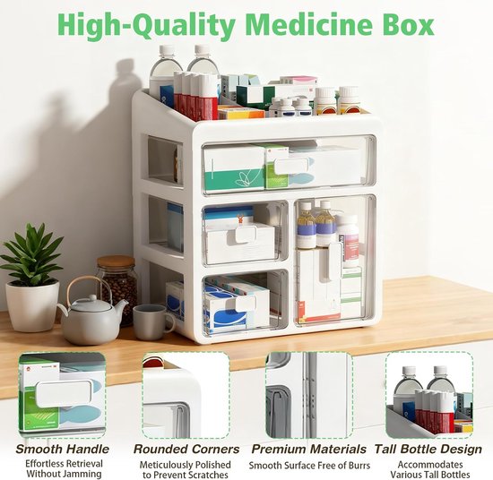 Huisapotheekkast met 4 verdiepingen, medicijnkast-organizer, medische opslag container met transparante lade, medicijnenopslag, voor medicijnen, kleine cosmetica (wit) — afbeelding 3