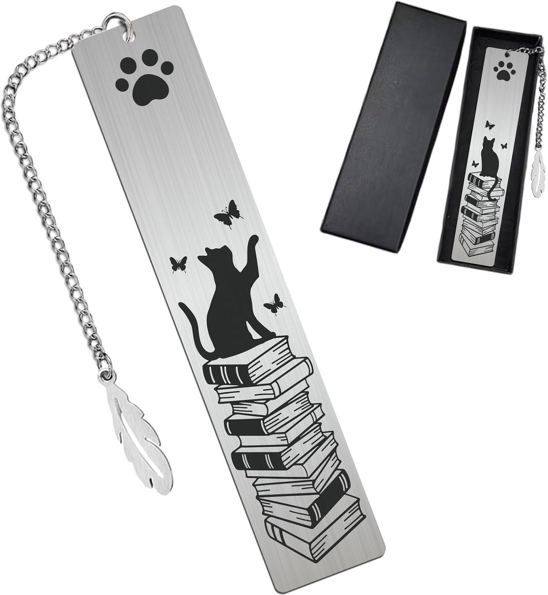 Metalen boekenlegger kat en boek voor boekenliefhebbers, dames en heren, roestvrij staal, leuke bladwijzer, cadeau met hanger voor Kerstmis, verjaardag, afstuderen