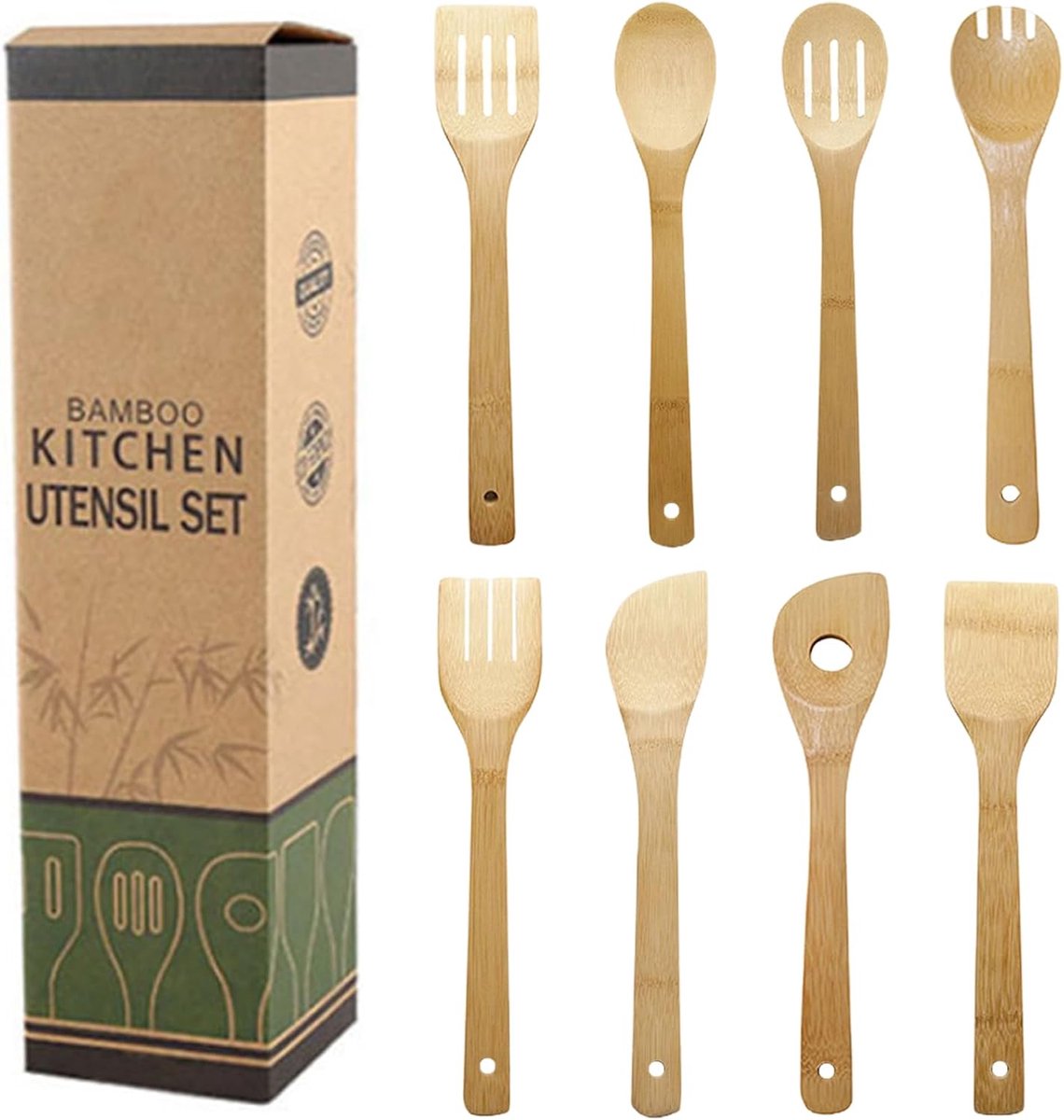 8-delige keukengereiset, keukengerei van bamboe, kooklepel van hout, keukengerei van teak, kooklepelset, voor antiaanbakpan