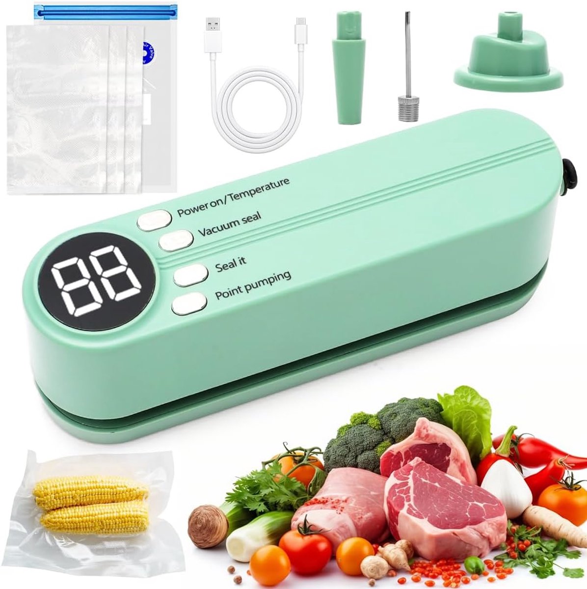 Klein vacuümapparaat voor levensmiddelen, 4-in-1 mini-vacuümapparaat met 5 zakken, folielasapparaat voor plastic zakken, spaanzakken, voedselopslag, snack (groen)