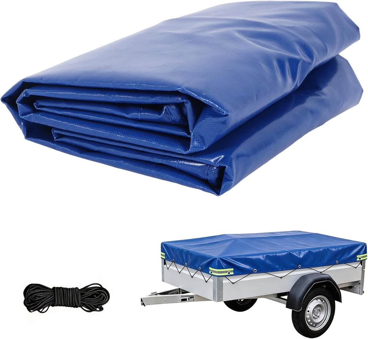 Afdekzeil voor aanhangers van pvc, 140 x 115 x 10 cm, extra sterk, 500 g/m², waterdicht en scheurvast, blauw, met 4 reflecterende strepen, aluminium ogen en 6 mm expandertouw, professioneel dekzeil