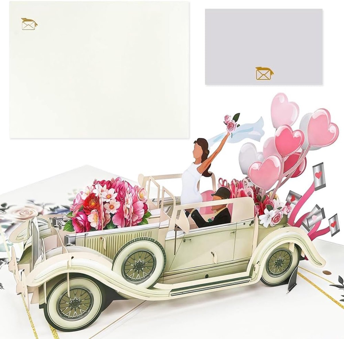 3D Pop Up Net Getrouwd Kaart Wenskaart Bruid en Bruidegom, Vintage Auto met Bloemen Aquarel Cover, Engagement Pasgetrouwden Bruiloft Gefeliciteerd Cash Giftcard voor Bruiloften