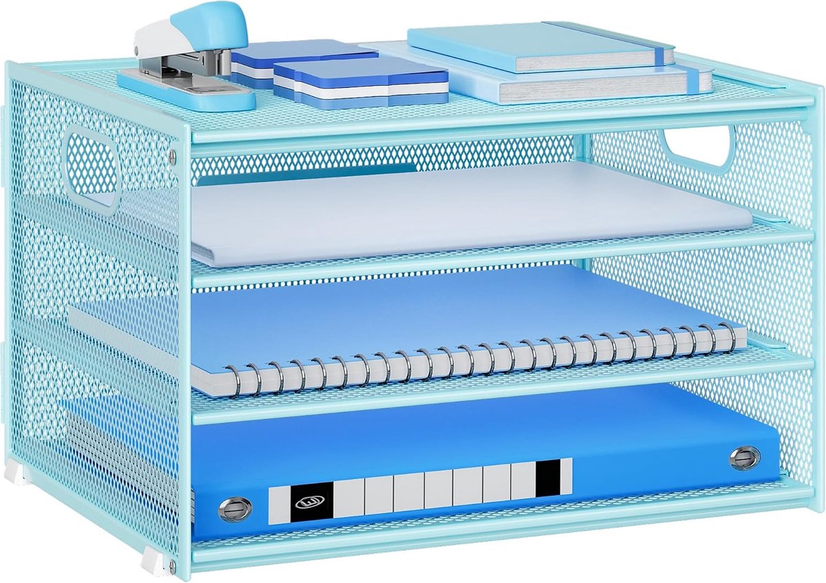 Bureau-organizer, 4 niveaus, brievenbak van net met handvat, tijdschriftenhouder, papieropbergstandaard, organizer voor archiefdozen voor kantoor, thuis (Blauw)