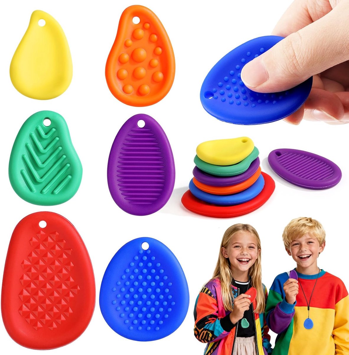6 antistressstenen voor kinderen met koord, set van 6 zachte sensorische stenen met textuur voor kinderen met autisme, voor in de klas, als beloning of kerstcadeau.