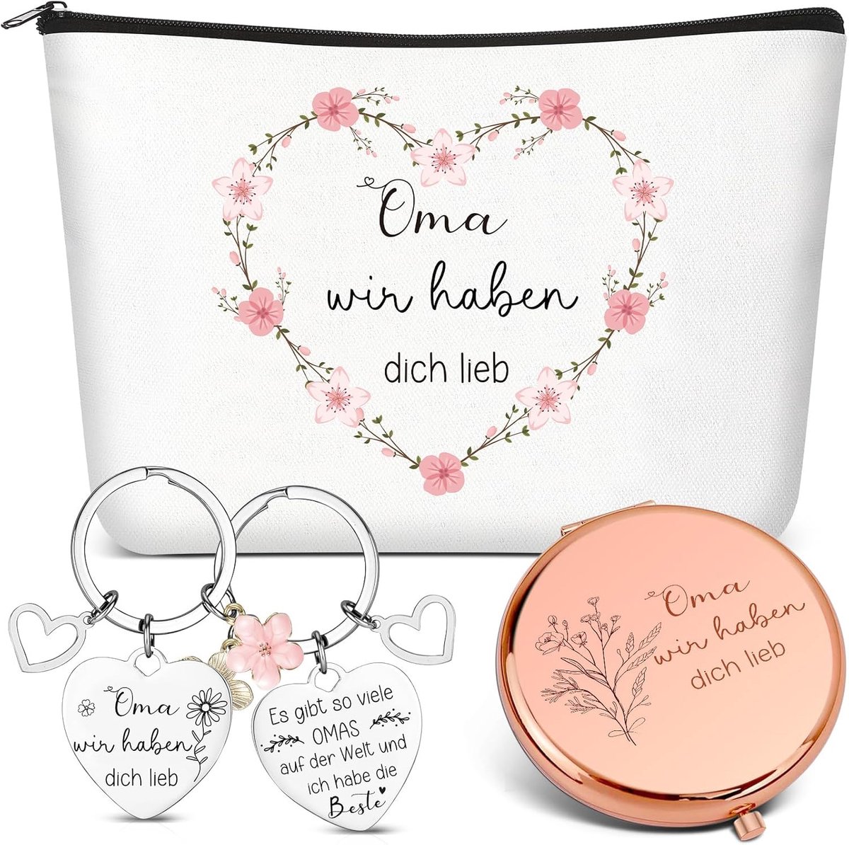 3 stuks make-uptasjes voor oma, zakspiegel, inklapbaar, sleutelhanger met gravure "Beste Oma Wir haben Dich lieb" Dankjewel cadeaus voor Moederdag, Kerstmis, verjaardag, kleinkind, zoals getoond
