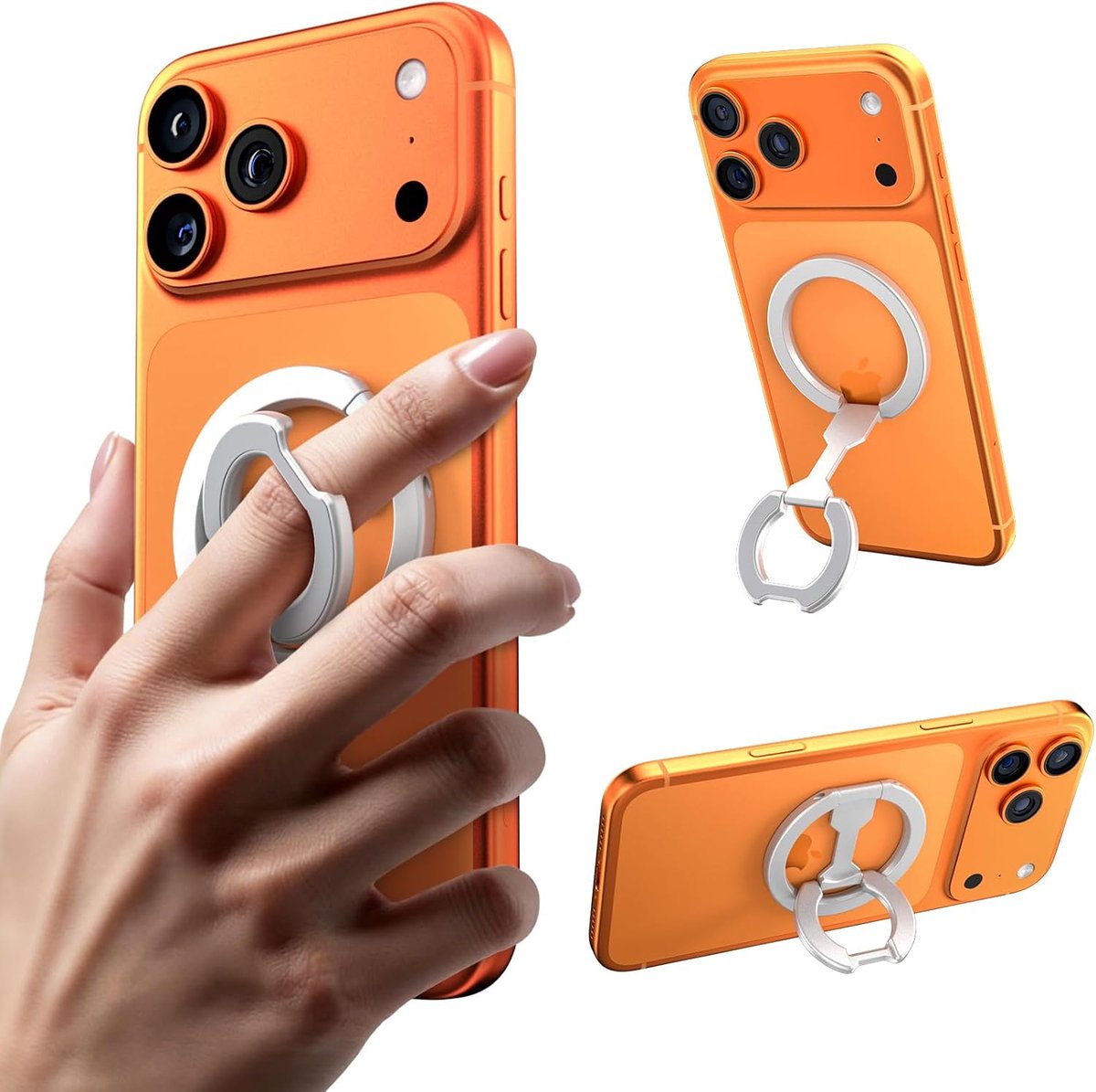 4-in-1 Magnetische Telefoongreephouder voor, 2025 Super Stabiele Kickstand & Mag Safe Vingerlus, Compatibel met iPhone 17/16/15/14/13 Serie & Hoesje (Zilver)