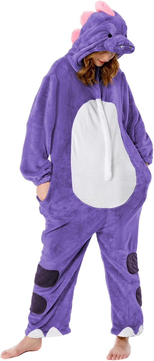 Onesies voor Volwassenen Unisex Nieuwigheid Pyjama Kostuum voor Halloween Zachte Comfortabele Thuiskleding Nachtkleding Eendelig Slipjamas Cosplay Loungewear (S, Paarse Dinosaurus)